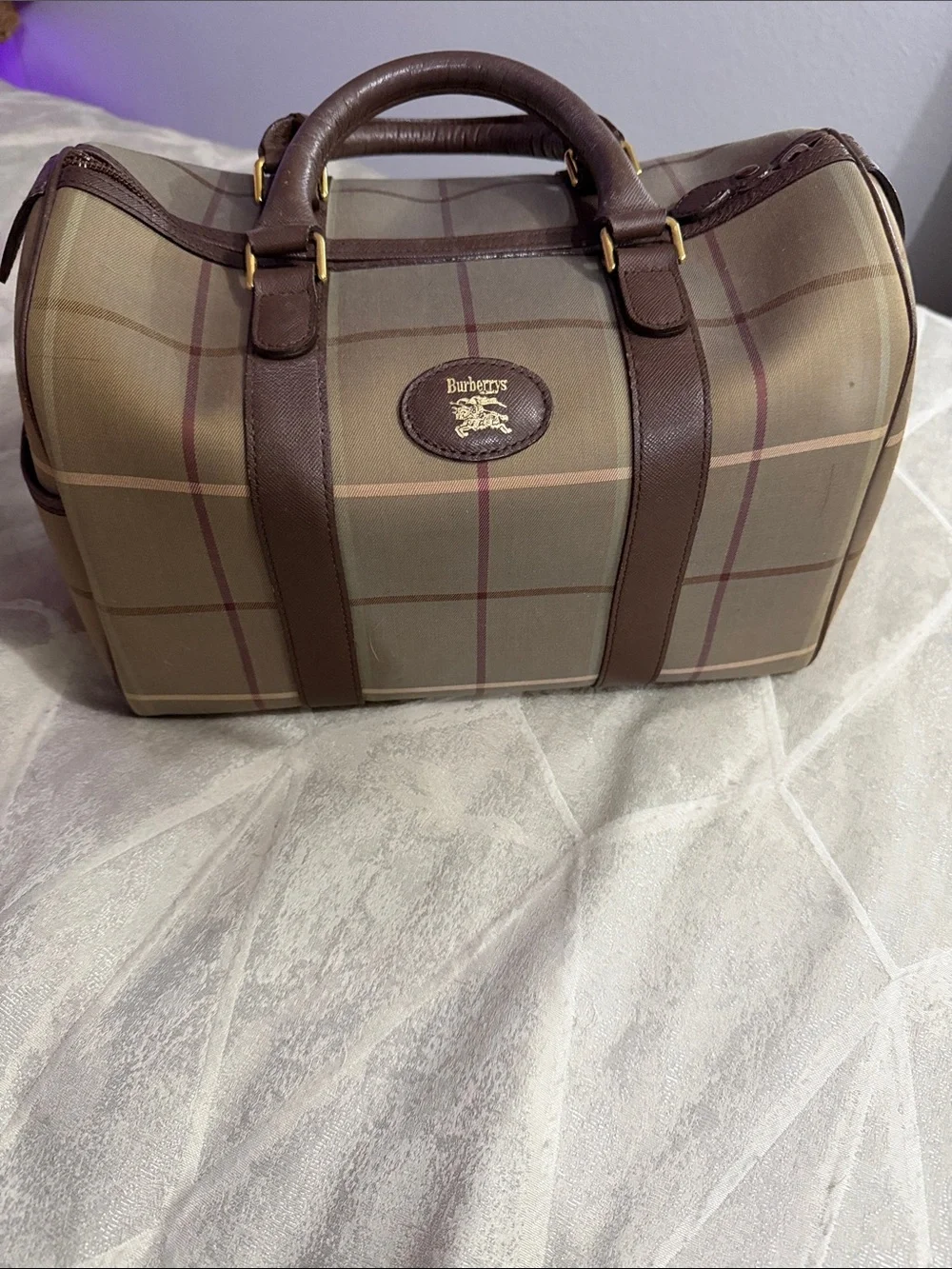 Burberry Taupe Plaid Duffel with Brown Leather Trim